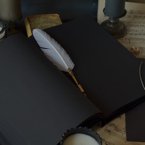 Puede incluir: Un diario encuadernado en cuero negro con una pluma de pluma blanca descansando sobre las p&aacute;ginas abiertas. El diario est&aacute; rodeado de velas, partituras musicales y un collar con un colgante de piedra turquesa.
