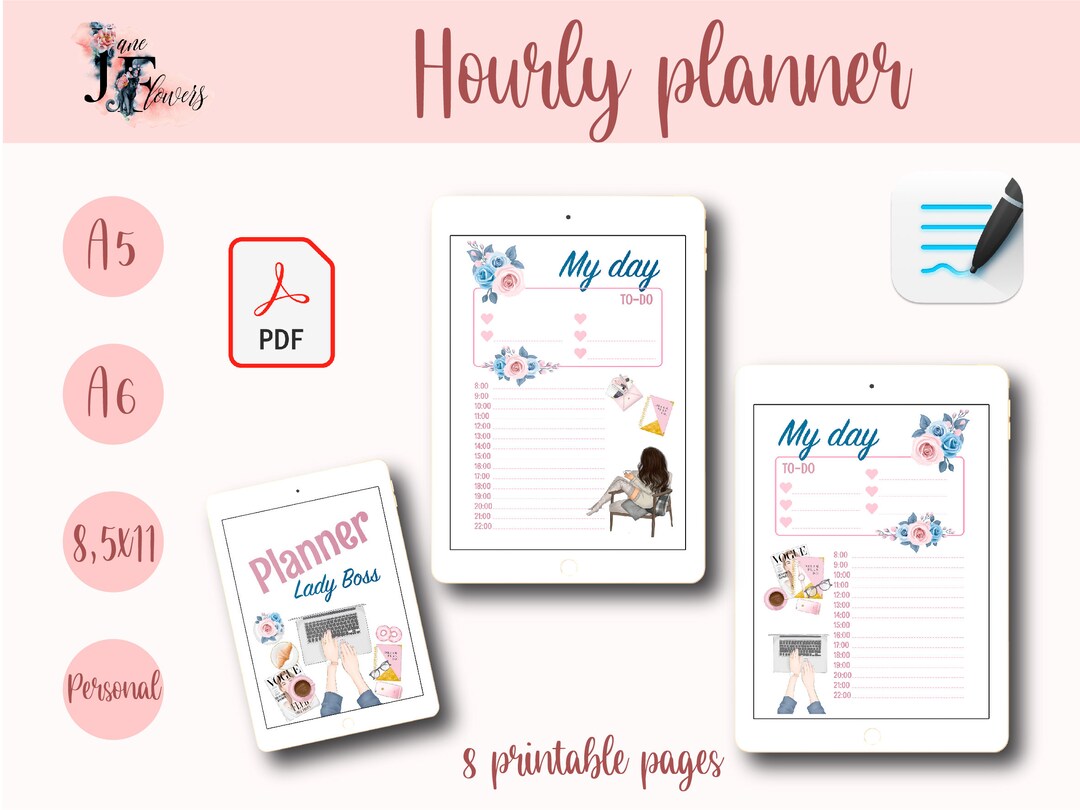 A5 Daily Planner Inserts Printables, Undated Hourly Planner, Printable ...