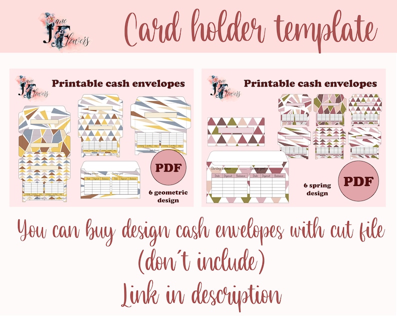 Puede incluir: Plantillas de sobres de efectivo imprimibles con dise&ntilde;os geom&eacute;tricos y primaverales. Las plantillas est&aacute;n en formato PDF e incluyen 6 dise&ntilde;os cada una. El texto "You can buy design cash envelopes with cut file (don't include) Link in description" tambi&eacute;n est&aacute; incluido.