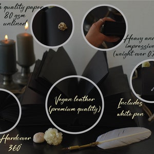 May include: Black hardcover journal with a 360 degree opening, vegan leather cover, unlined 80 gsm paper, and includes a white pen. The journal is heavy and weighs over 0.7 kg.