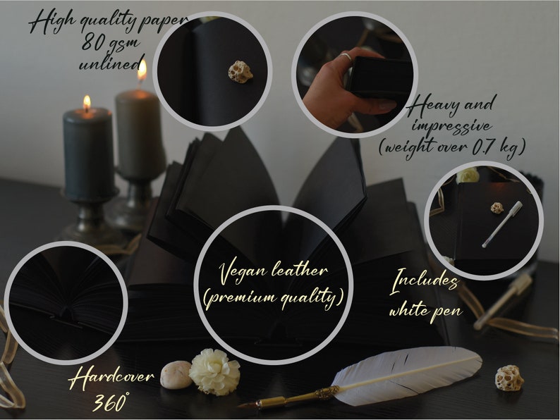 May include: Black hardcover journal with a 360 degree opening, vegan leather cover, unlined 80 gsm paper, and includes a white pen. The journal is heavy and weighs over 0.7 kg.