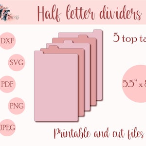 Divisores de planificador de media letra, pestañas superiores, plantillas de divisores con pestañas SVG, pestañas de planificador imprimibles, páginas divisorias descargables con pestañas