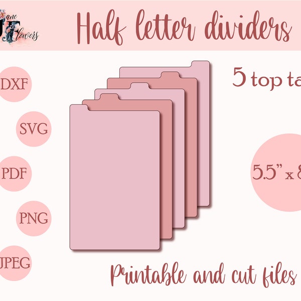 Half letter planner dividers, top tabs, tabbed dividers templates SVG, planner tabs printable, downloadable dividers pages with tabs