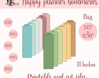 DIY monthly bookmarks for Big Happy planner, printable disc bound planner bookmarks, discbound dividers for Cricut, tabs templates SVG
