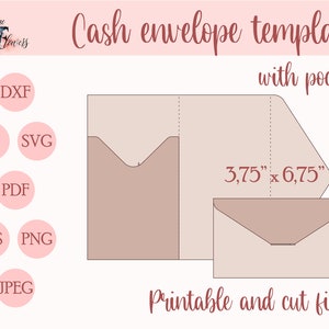 ポケット付き現金封筒、お金封筒テンプレート SVG、Cricut 予算封筒パターン DXF、かわいいビンテージ印刷可能な封筒 PDF ダウンロード