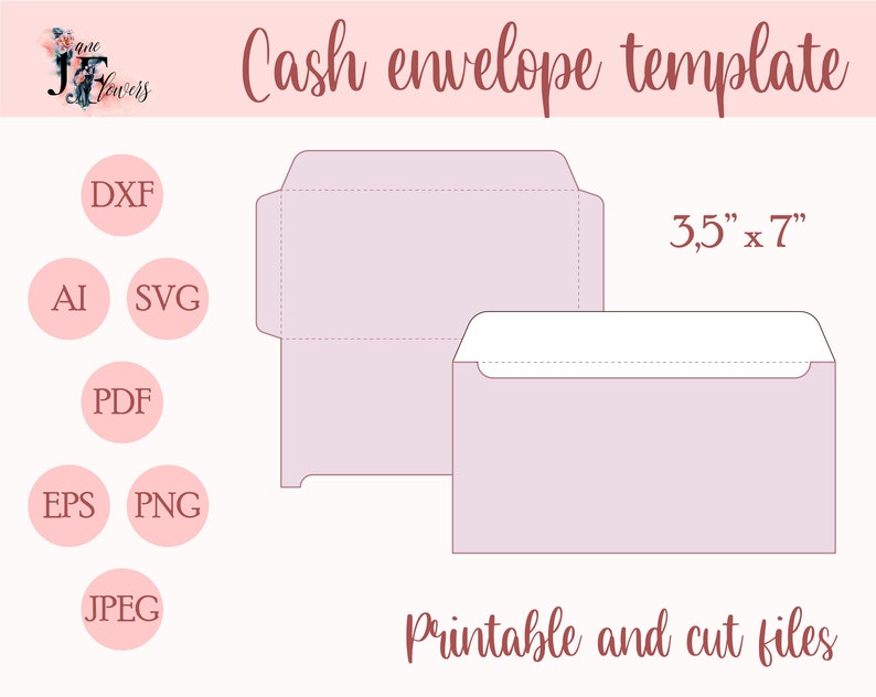Puede incluir: Plantilla de sobre para efectivo imprimible en rosa con un tama&ntilde;o de 3,5 pulgadas por 7 pulgadas. La plantilla est&aacute; disponible en los formatos de archivo DXF, AI, SVG, PDF, EPS, PNG y JPEG.
