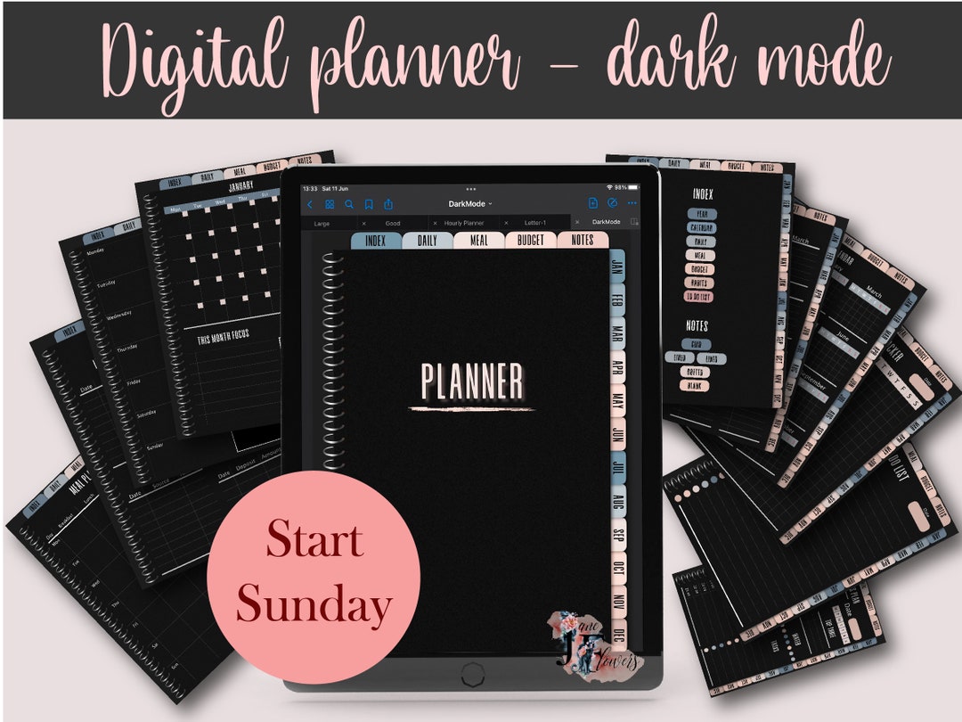 Undated Dark Mode Hyperlinked Digital Planner Start Sunday, Vertical ...