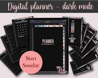 Undated dark mode hyperlinked digital planner start Sunday, vertical goodnotes planner, weekly iPad monthly planner, black page life planner
