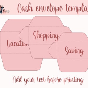 May include: Three pink cash envelope templates with the words "Vacation", "Shopping", and "Saving" printed on them. Add your text before printing.