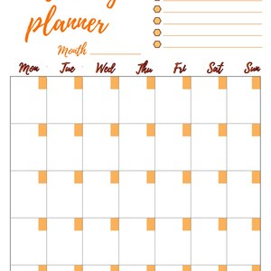 Pu&ograve; includere: Un planner mensile con una griglia color pesca e una sezione "Lista di cose da fare". Il planner ha un titolo che dice "Planner mensile" e una sezione per ogni giorno della settimana.