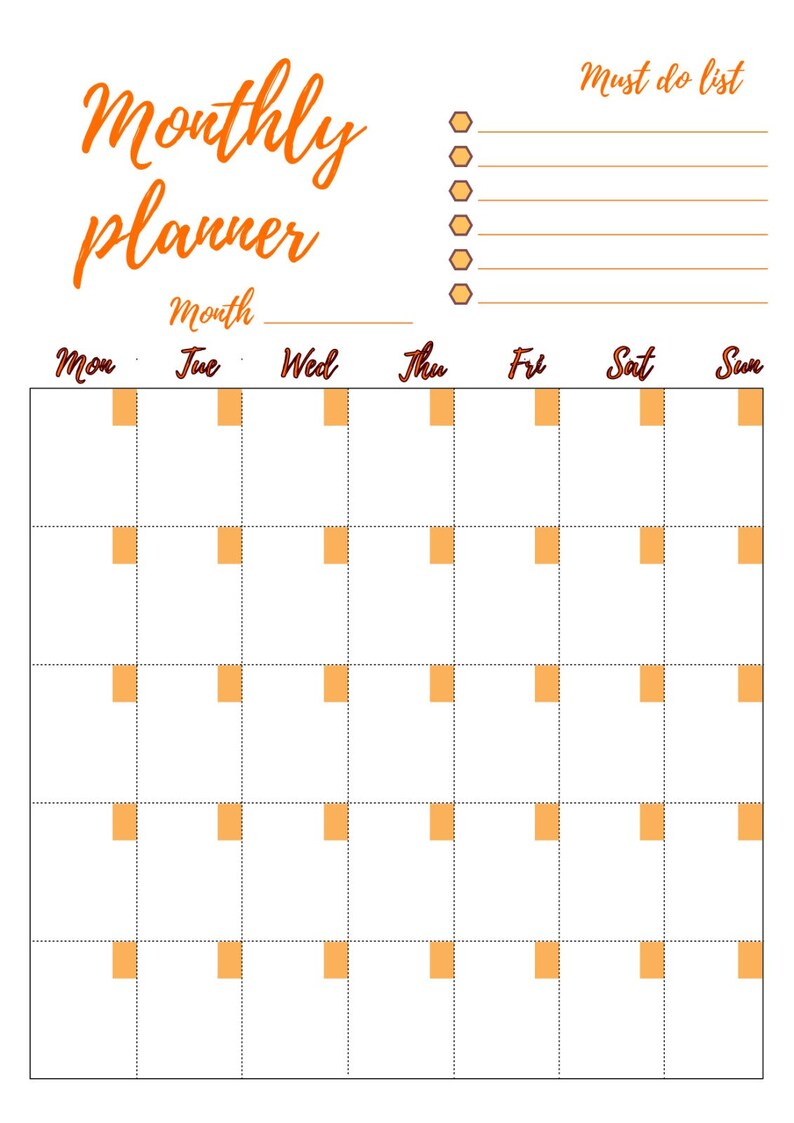 Pu&ograve; includere: Un planner mensile con una griglia color pesca e una sezione "Lista di cose da fare". Il planner ha un titolo che dice "Planner mensile" e una sezione per ogni giorno della settimana.