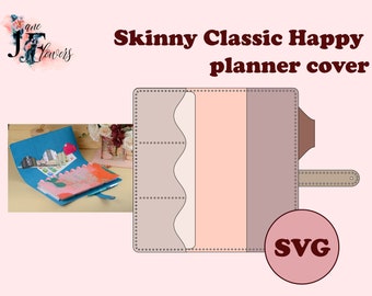 DIY minimalist Happy planner cover for Skinny Classic, leather journal cover SVG, planner cover pattern, discbound notebook cover template