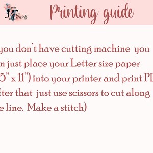 May include: A pink and white graphic with the text "Printing guide" in brown. The text below explains how to print a PDF file on a standard 8.5 x 11 inch letter size paper and cut it out with scissors.