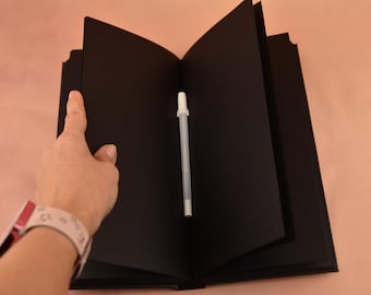 Skinny minimalist black hardcover notebook, art sketchbook include white ink pen, art journal, handmade gift for artist