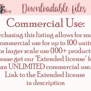 Puede incluir: Texto sobre un fondo rosa que dice "Archivos descargables" y "Uso comercial:" La compra de esta lista permite el uso comercial a peque&ntilde;a escala para hasta 100 unidades. Para un uso a mayor escala (100+ productos) por favor obtenga nuestra "Licencia extendida" para un uso comercial ILIMITADO. Enlace a la licencia extendida en la descripci&oacute;n.