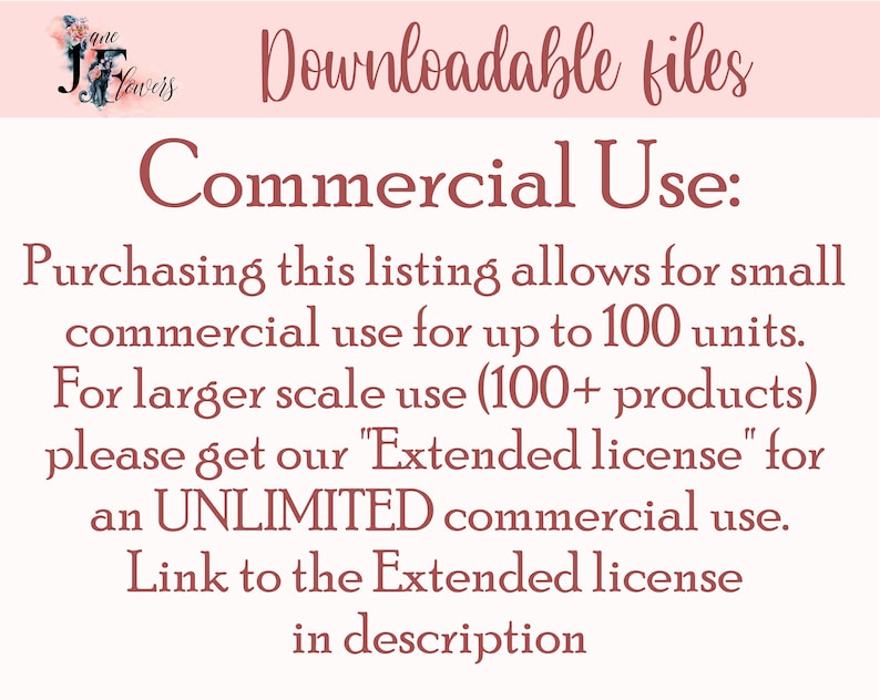 Puede incluir: Texto sobre un fondo rosa que dice "Archivos descargables" y "Uso comercial:" La compra de esta lista permite el uso comercial a peque&ntilde;a escala para hasta 100 unidades. Para un uso a mayor escala (100+ productos) por favor obtenga nuestra "Licencia extendida" para un uso comercial ILIMITADO. Enlace a la licencia extendida en la descripci&oacute;n.