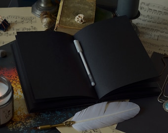 Black paper notebook, faux leather grimoire journal, books of shadow, minimalist aesthetic spell book, witchy gifts, included white pen