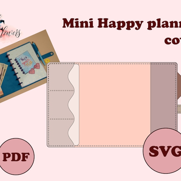 DIY minimalist Mini Happy planner cover, faux leather journal cover SVG, planner cover pattern, discbound notebook cover template