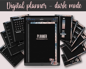 Undated dark mode hyperlinked digital planner, vertical goodnotes planner, weekly iPad planner, monthly planner, black paper bujo journal