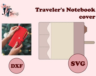 May include: A digital design template for a traveller's notebook cover. The design features a light brown leather cover with a flap and a strap. The cover is open to reveal a cream-coloured interior with a pocket on the left side. The design is labelled "Traveler's Notebook cover" and includes the file types "DXF" and "SVG".