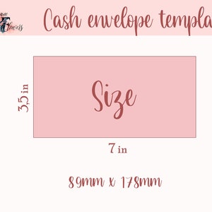 Puede incluir: Una plantilla de sobre de efectivo rosa con la palabra "Size" escrita en cursiva. La plantilla mide 3,5 pulgadas por 7 pulgadas, o 89 mm por 178 mm.