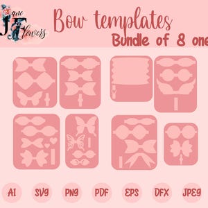 以下が含まれることがあります： ピンク色のリボンテンプレート、8個セット。画像には、さまざまな形とスタイルの8つの異なるピンク色のリボンデザインが表示されています。ファイル形式には、AI、SVG、PNG、PDF、EPS、DFX、JPEGが含まれます。