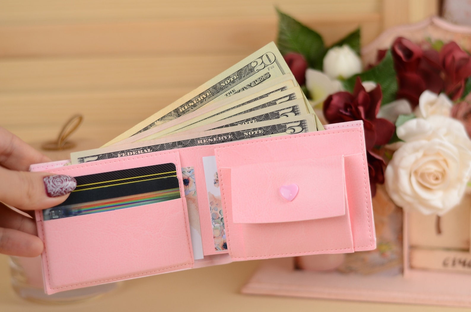 Small womens wallet with coin pocket faux leather billfold Etsy
