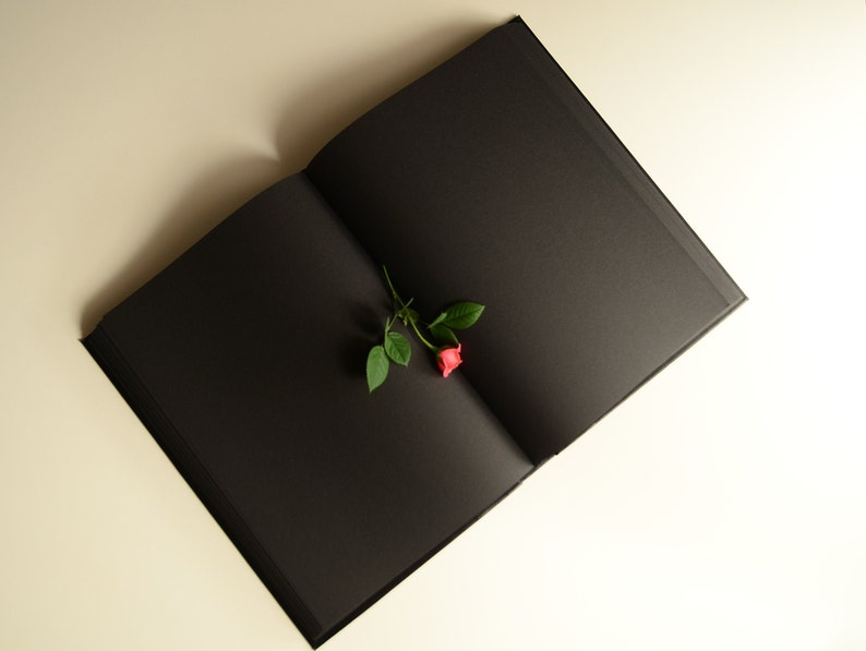 Puede incluir: Un libro negro con una sola rosa roja y hojas verdes en las p&aacute;ginas abiertas.