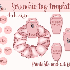 Plantilla de tarjeta de exhibición para scrunchies, etiqueta colgante SVG para scrunchies, patrón de soporte para diadema, empaque hecho a mano, etiquetas de precio imprimibles, soporte para coleteros