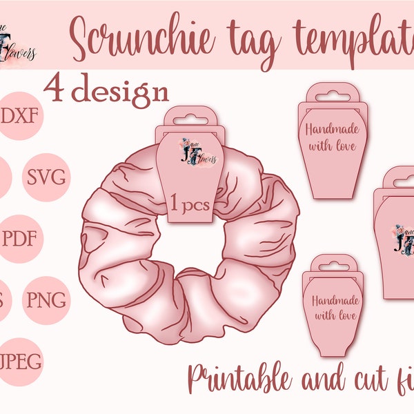 Scrunchie display card template, scrunchie hang tag SVG, headband holder pattern, handmade packaging, printable price tags, hair tie holder