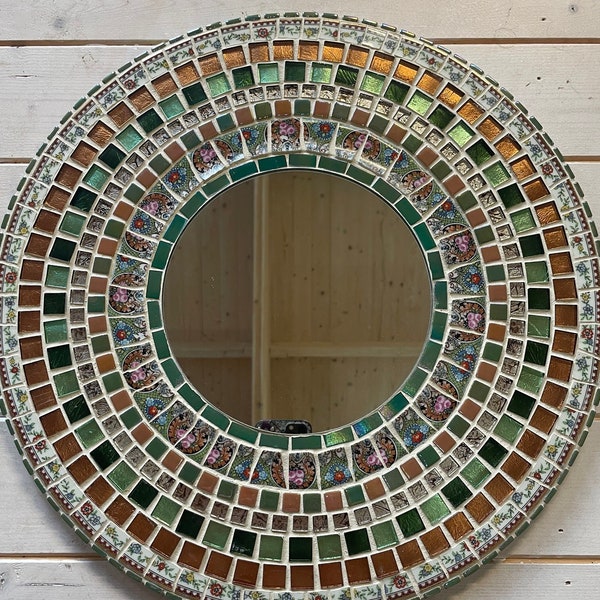 Miroir rond mosaïque bronze/vert