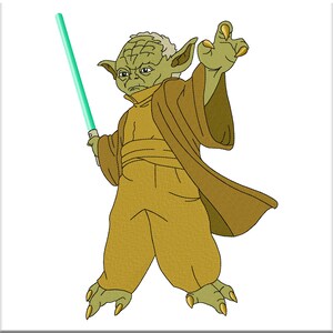 May include: A green and brown cartoon character with large ears, holding a green lightsaber. The character is wearing a brown robe and has a serious expression on its face.