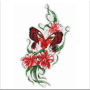 May include: A red and black butterfly with large eyes is surrounded by red and white flowers with green leaves. The design is on a white background.