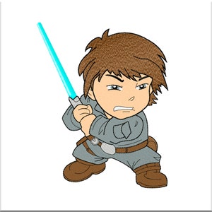 May include: A cartoon illustration of a young person with brown hair holding a blue lightsaber. The person is wearing a grey jumpsuit with a brown belt and brown boots.