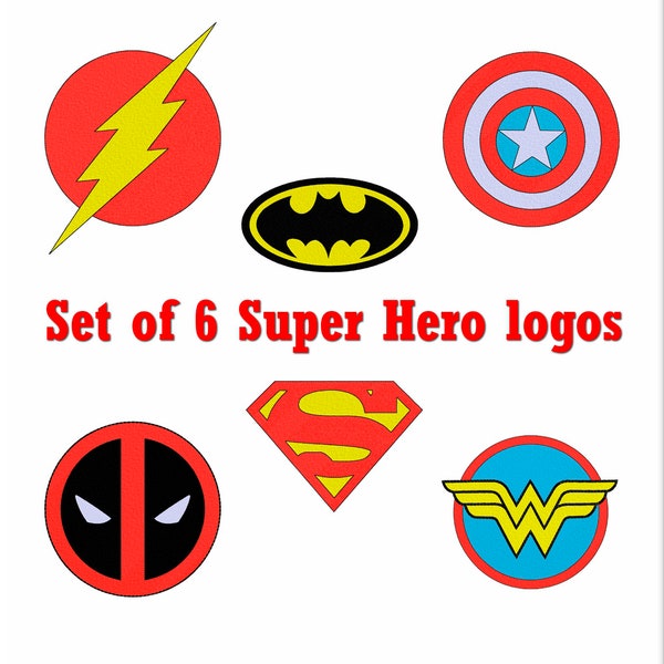 Superheroes Set of logos Embroidery design emblem, symbol, sign. Digital embroidery