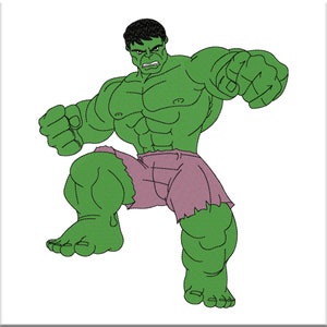 May include: A green cartoon illustration of the Hulk, a superhero, with a purple shorts, in a fighting pose.