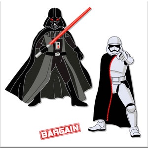May include: Two Star Wars characters, Darth Vader and Kylo Ren, are depicted in a cartoon style. Darth Vader is holding a red lightsaber and wearing a black cape. Kylo Ren is wearing a black cape with a red lining and pointing his finger. The word "BARGAIN" is stamped in red on a white background.