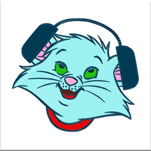 Embroidery machine pattern Cat in headphones. Digitized Design. Download Digital Embroidery files pes vp3 jef hus dst exp xxx shv vip csd