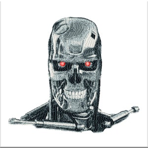 May include: A close-up of a robot's face with red glowing eyes. The robot is made of metal and has a skull-like appearance. The robot's mouth is open and shows teeth.