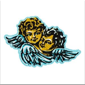 May include: Two cherubs with golden halos and black hair, one with wings outstretched, embracing each other. The cherubs are depicted in a vintage style with a blue and white background.