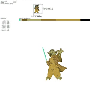 May include: A green and brown embroidery design of a Star Wars character, Yoda, holding a lightsaber. The design is 5.07 inches by 7.00 inches and has 24,803 stitches.