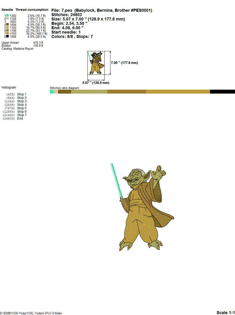 May include: A green and brown embroidery design of a Star Wars character, Yoda, holding a lightsaber. The design is 5.07 inches by 7.00 inches and has 24,803 stitches.