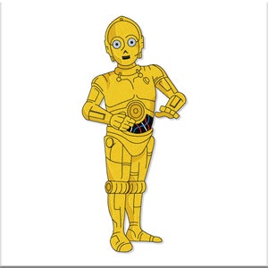 May include: A yellow robot with a round head and large eyes. The robot has a detailed design with visible wires and gears. The robot is standing with its arms outstretched.