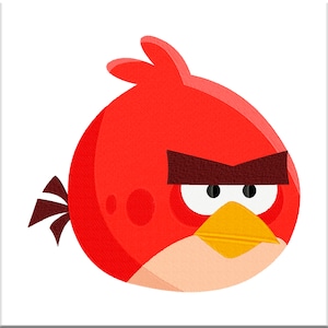 May include: A red cartoon bird with a furrowed brow and a yellow beak. The bird is angry and has a determined expression.