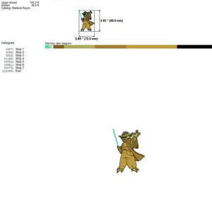 May include: A green lightsaber wielding Yoda character from Star Wars is embroidered in brown, green, and white thread. The embroidery design is 2.85 inches by 3.92 inches.