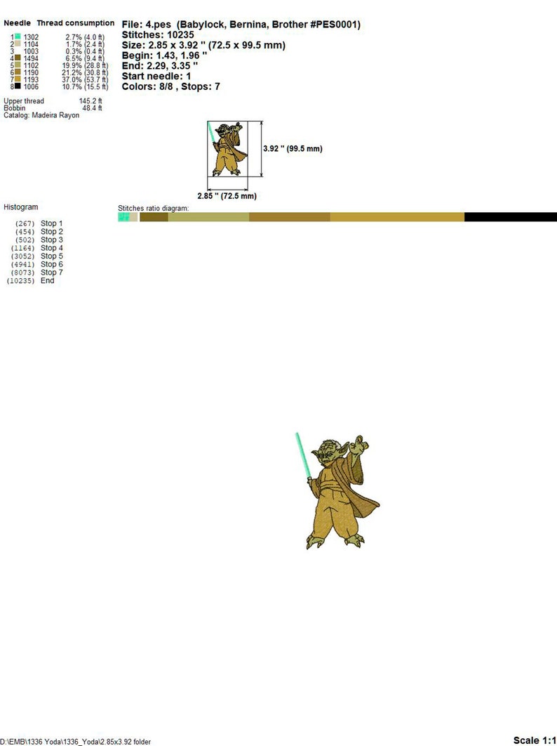 May include: A green lightsaber wielding Yoda character from Star Wars is embroidered in brown, green, and white thread. The embroidery design is 2.85 inches by 3.92 inches.