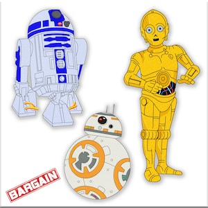 May include: A set of three Star Wars characters: R2-D2, C-3PO, and BB-8. R2-D2 is blue and white, C-3PO is gold, and BB-8 is white and orange.
