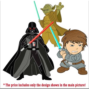 May include: A black Darth Vader, a green Yoda, and a brown-haired Luke Skywalker, all holding lightsabers. The lightsabers are red, blue, and green.