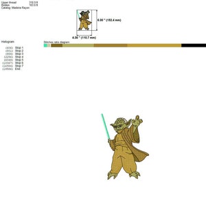 May include: A green and brown cartoon character holding a light green lightsaber. The character is standing on a white background. The image is labeled "Yoda" and is 4.36 inches by 6 inches.