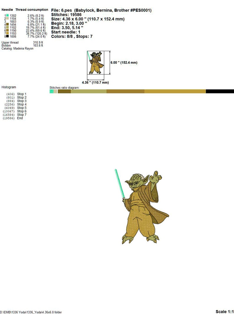 May include: A green and brown cartoon character holding a light green lightsaber. The character is standing on a white background. The image is labeled "Yoda" and is 4.36 inches by 6 inches.